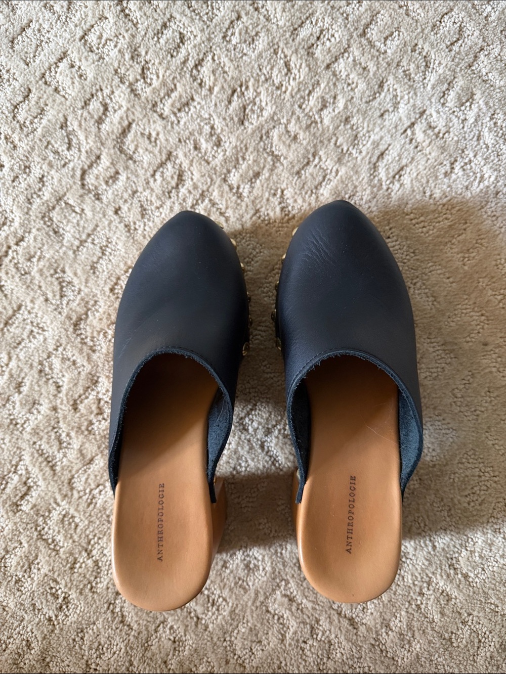 Anthropologie Black Leather Clogs with Tan Insole